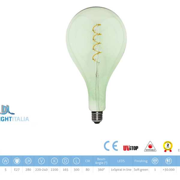 LAMPADA LED CB VINT FIL A165 220/240V 5W 2000K 2 SPIRAL IN LINE DIM LIGHT GREEN prodotto da DAYLIGHT