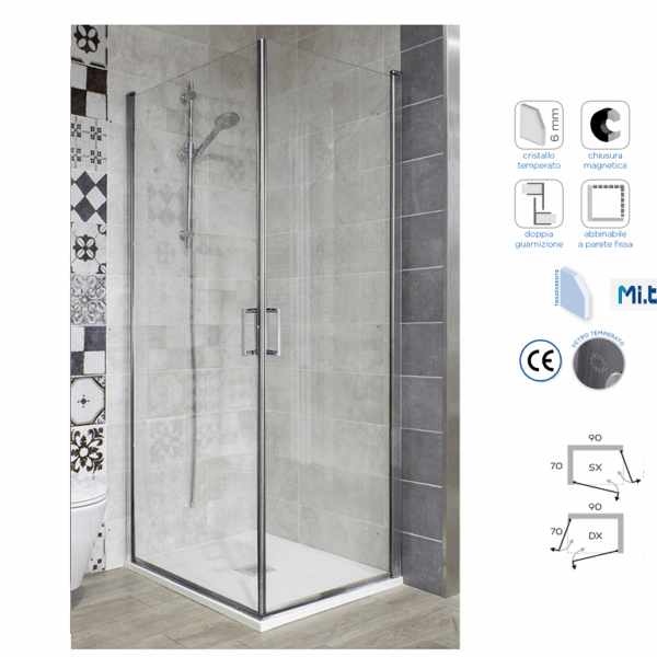 Box Doccia Angolare modello Carbon 2ante Cristallo 6mm h195 Trasparente-Cromato cm.70x70 | Mixtech