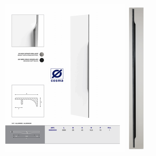 PROFILO MANIGLIA BORDO ANTA mm.26x46x16,5h ASTA mm.3000 | COSMA