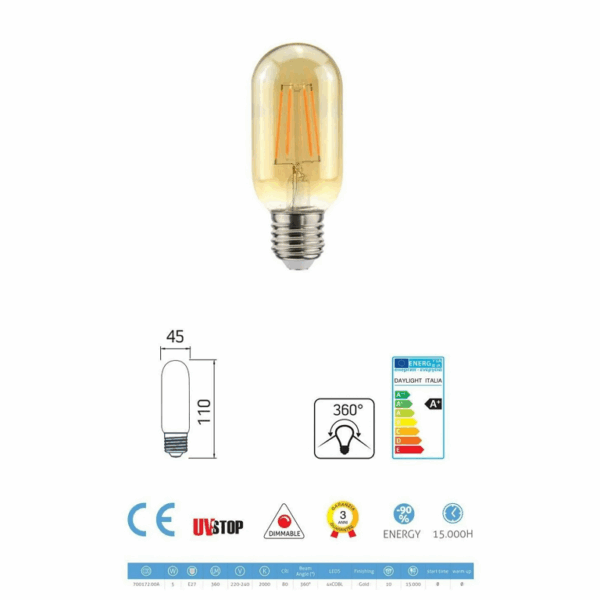Lampada Led Dl Vint Filamento T45 220/240v 5w Gold 2000k Dim | Daylight