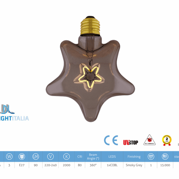 Lampada Led Dl Vint Filamento Star 220/240v 3w Smoky Grey 2000k Star Filament Dim  |  Daylight