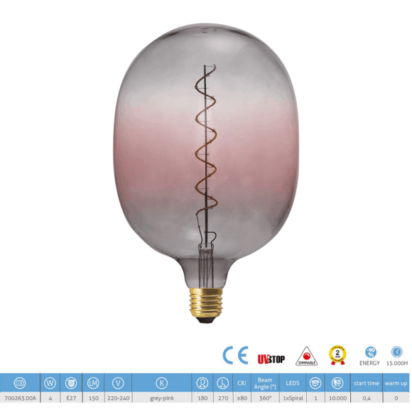 Lampada Led Filamento Coriandoli Egg Xl Grey- Pink Spiral 4w 220-240v E27 Dim 2200k  |  Daylight