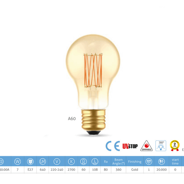 Lampada Led Carbon Vint Filamento Tm A60 220/240v 7w 2700k Curve Dim Gold | Daylight