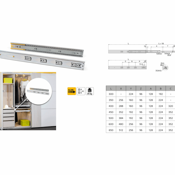 Guide con Sfere per Cassetto Estrazione Totale Soft 45x12,7h Portata kg.35 Zincato mm.500 | Emuca