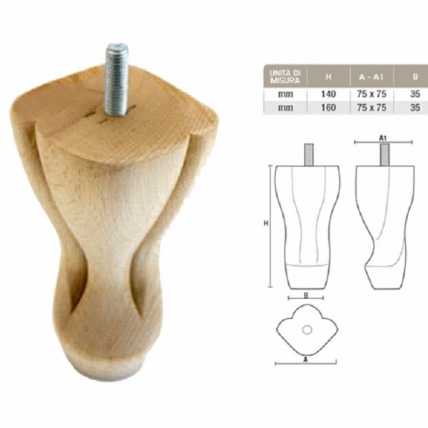 Piede Legno Faggio Grezzo con Vite Filettata Ma10x30 d.75x75 /30 mm.140h | Gpi