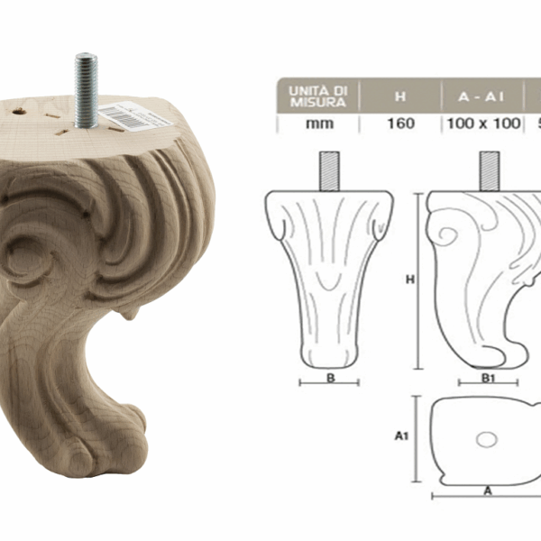 Piede Legno Faggio Grezzo con Vite Filettata Ma10x30 d.100x100/50x50 mm.160h | Gpi