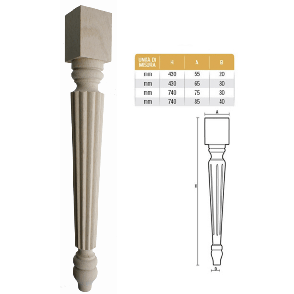Gamba Legno Faggio Grezzo d.55x55 / 20 mm.430h | Gpi