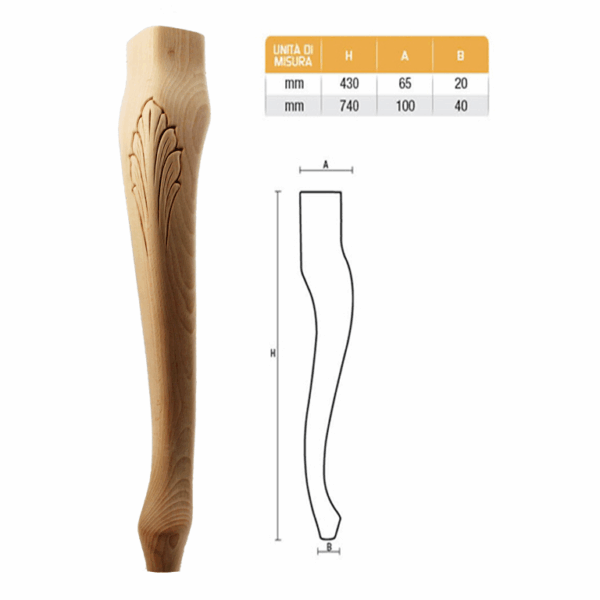 Gamba Legno Faggio Grezzo con Decoro  d.65x80 /20 mm.430h | Gpi