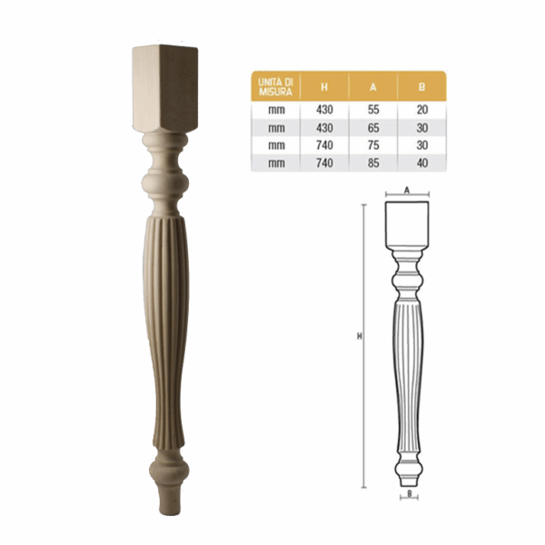 Gamba Tavolo Legno Faggio Grezzo Senza Incasso Laterale pz.4 d.A75xa1 140/30 - 740h | Gpi