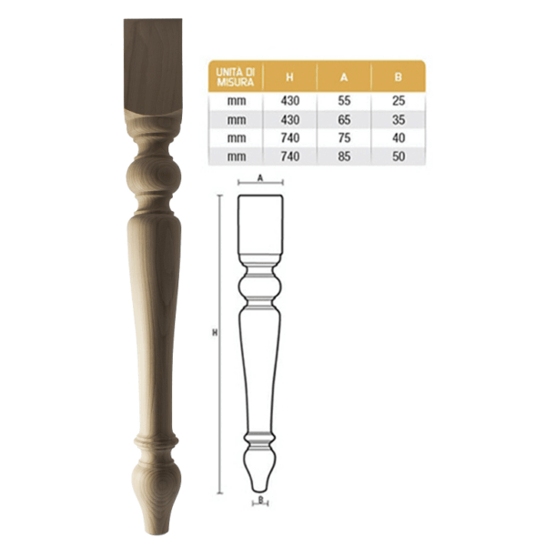 Gamba Tavolo Legno Faggio Grezzo Senza Incasso Laterale pz.4 d.A75xa1 140/40 - 740h | Gpi
