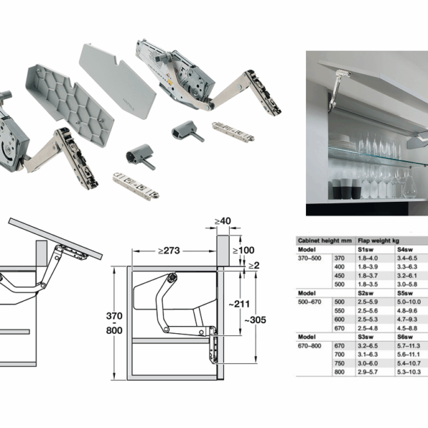 Meccanismo Anta Basculante Free Up Modello Free Swing kg.8,5–17,1 mm.670-800h Bianco | Hafele