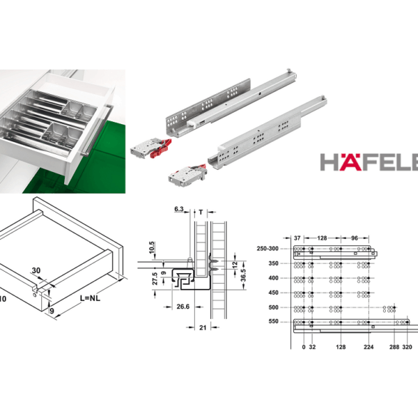 Guide per Cassetto Matrix Runner Um A30 Estrazione Totale Ammortizzata+Frizioni Portata kg.30 mm.500 | Hafele