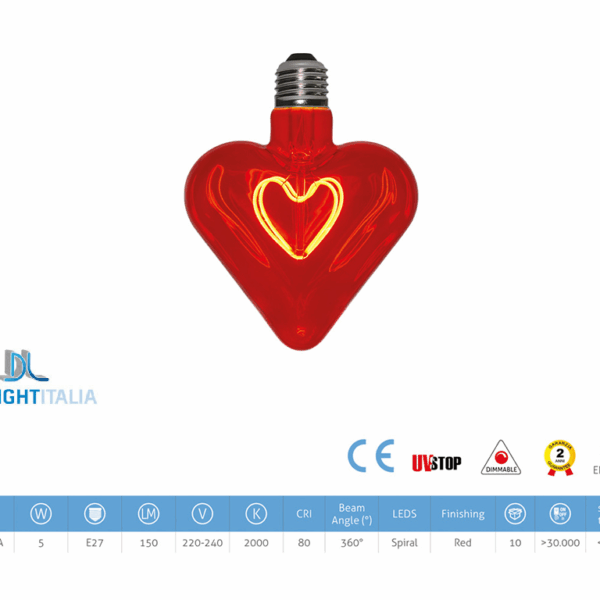 Lampada Led Dl Vint Filamento Heart 220/240v 5w Red 2000k Hart Filament Dim  | Daylight