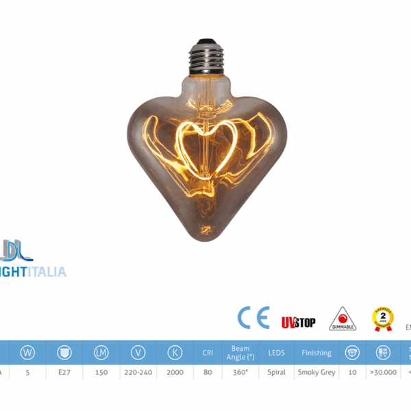 Lampada Led Dl Vint Filamento Heart 220/240v 5w Smoky Grey 2000k Hart Filament Dim |  Daylight