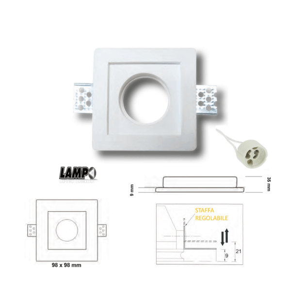 Faretto Incasso Gesso Quadro Piatto Ip20 mm.98x98x35h Regolabile Attacco Gu10 |  Lampo