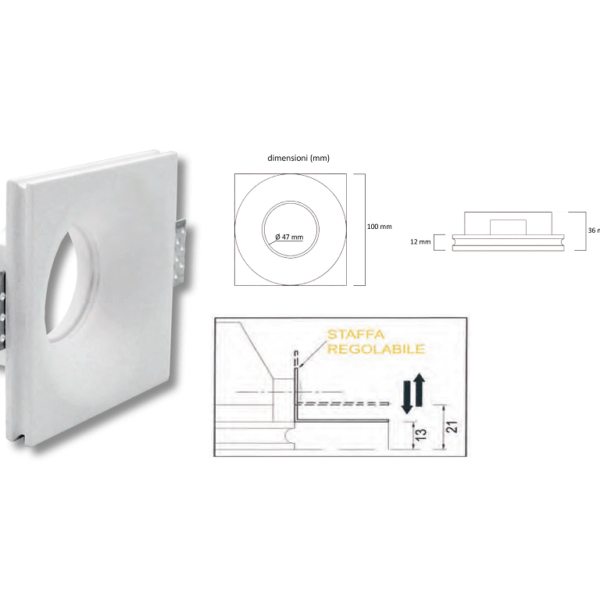 Faretto Incasso Gesso Quadro Piatto Svasato Ip20 mm.100x100x36h Attacco Gu10 | Lampo