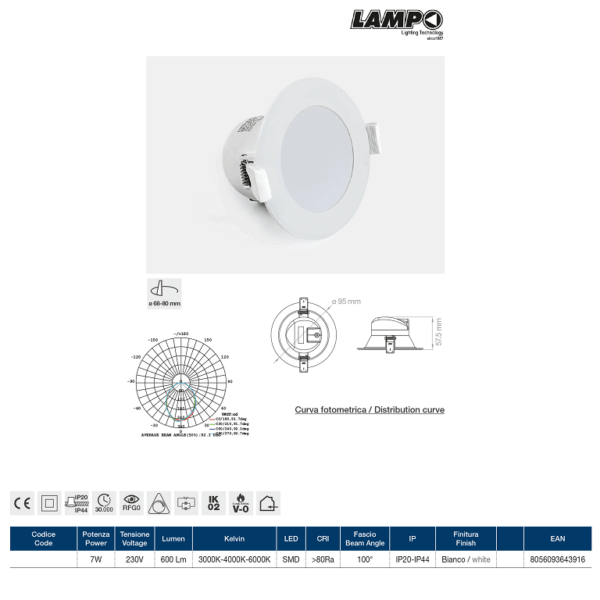 Faretto Incasso Led Sydney Ip20-44 230v 7w 600lm 100º mm.95/X57,5h Tricolor 3000k-4000k-6000k | Lampo