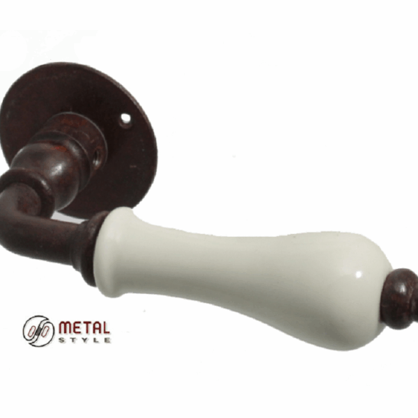 Maniglia Porcellana Limoges Bianco Rosetta Tonda d.45 a Vista Ferro Vecchio Patinato   Metal Style