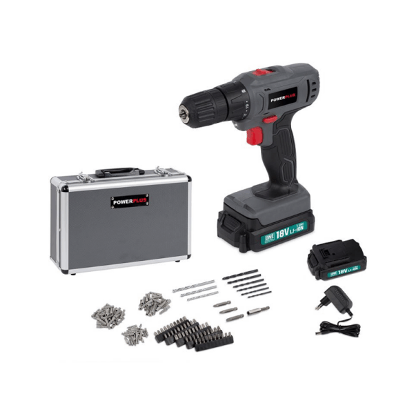 Trapano Avvitatore 18v 1300 Mah con 2 Batterie A Litio con Mandrino Autoserrante+Valigia 1553 Pezzi  Power Plus