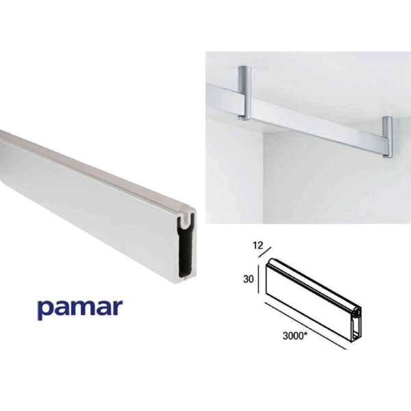 Tubo Rettangolare Armadio Alluminio Anodizzato+Gomma Tondo mm.30x12 Asta cm.300  | Pamar