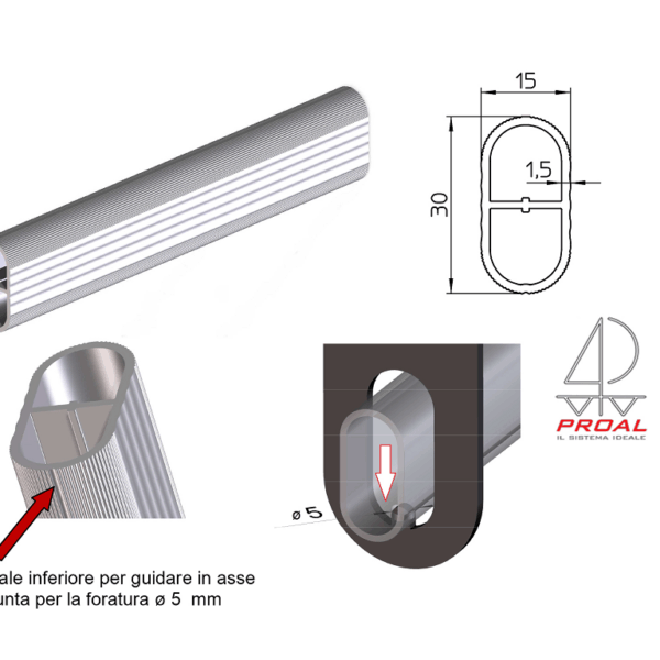 Tubo Ovale Alluminio Millerighe mm.30x15 Sp.1,5 Asta cm.300 Anodizzato Argento  | Proal