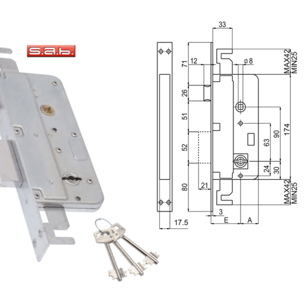 Serratura Infilare Triplice Doppia Mappa con Scrocco 2mandate Entrata 50  Sab Serrature