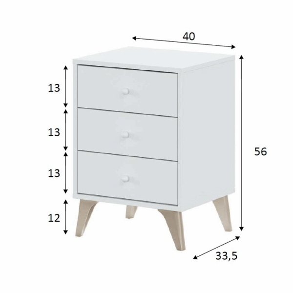 Comodino 3 Cassetti Mod.Sweet cm.40x33x56h Melaminico Bianco in Kit |  Fores