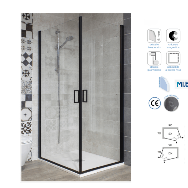 BOX DOCCIA ANGOLARE mod.CARBON 2ANTE CRISTALLO 6 mm. h195 TRASPARENTE-NERO importato da MI.TO