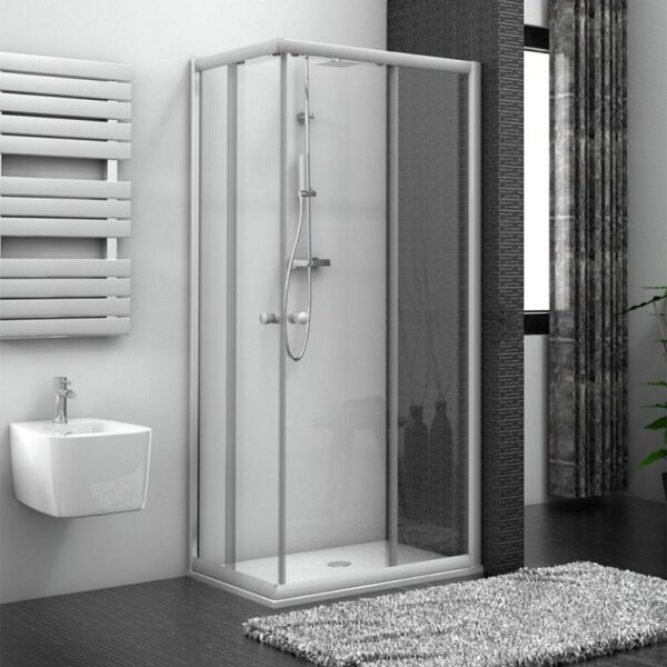 Box Doccia Angolare Modello Showertech 2 Lati 5mm H195 Scorrevole Trasparente-Bianco cm.70x90 Dx  Mixtech