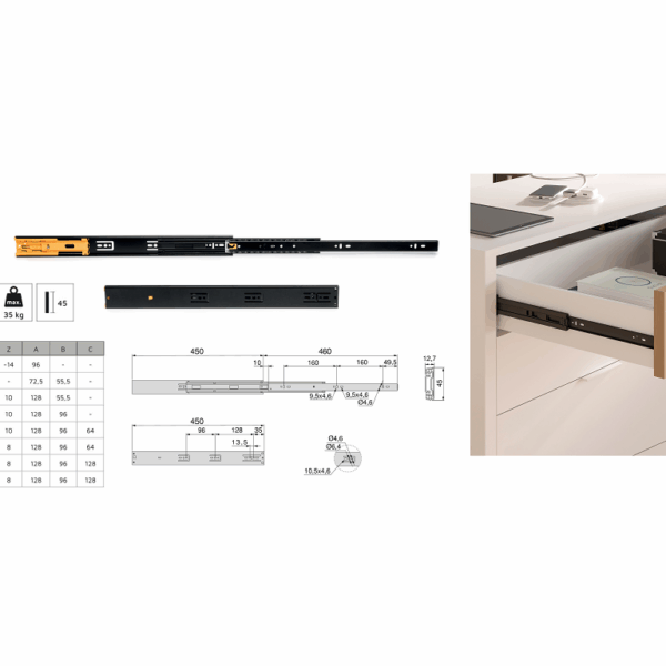 GUIDE CON SFERE PER CASSETTO ESTRAZIONE TOTALE SOFT 45x12,7h PORTATA kg.35 NERO VARIE LUNGHEZZE | EMUCA