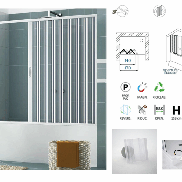 Parete Sopra Vasca Soffietto Apertura Laterale Modello Sirio Bianco In Kit h153 cm.170-140  Forte