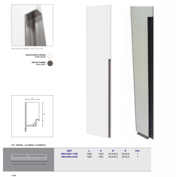 PROFILO MANIGLIA CON BORDO ANTA DA 34,3x43,5x25 mm. ASTA DA mm.1200 PIOMBO |  COSMA