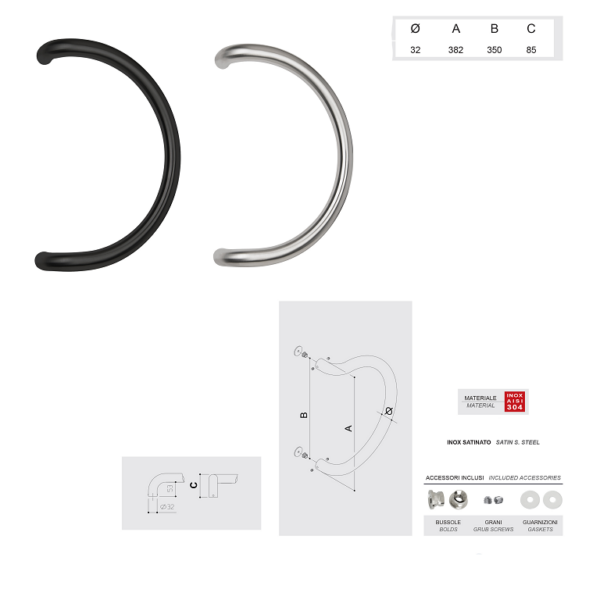 Maniglione Arkansas Q mm.32 Interasse 350 mm.382x82h AISI304 Inox varie finiture | Fimet Maniglie