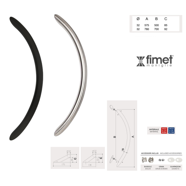 Maniglione California Zancato Ø32 Interasse 500 mm.575x85h AISI304 varie finiture  Fimet Maniglie