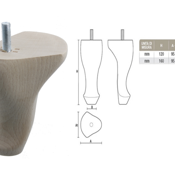 Piede Legno Faggio Grezzo con Vite Filettata Ma10x30 d.95x65 mm.120h | Gpi