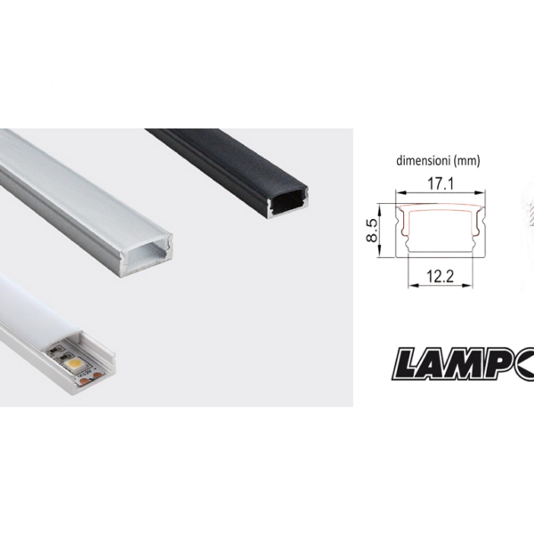 PROFILO ALLUMINIO PER LED cm.200 mm.17,1x8,5 INT.12,3+DIFFUSORE OPACO VARIE FINITURE |  LAMPO