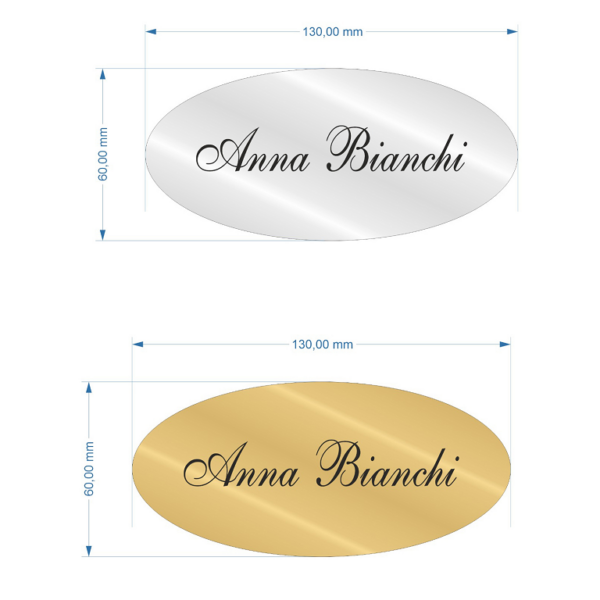 TARGA OVALE PORTANOME PLEXIGLASS CON BIADESIVO mm.130x60 SPECCHIO ARGENTO-ORO
