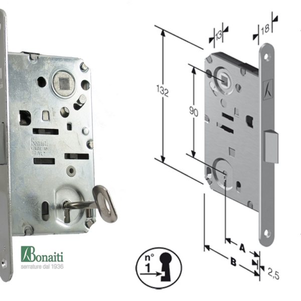 Serratura Infilare Mediana Bitterng F.18 mm. 90 Entrata 50 Scrocco Nylon - Varie Finiture | Bonaiti
