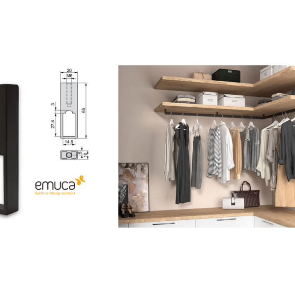 Reggitubo Centrale Aperto per Tubo Rettangolare Luxe d.10x20x65h Moka Ral8019  Emuca