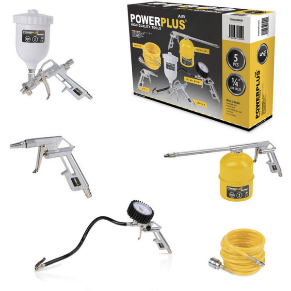 Kit Aria Compressa Tubo+Aerografo+Pistola Aria+Manometro+Lavaggio Pezzi 5  Power