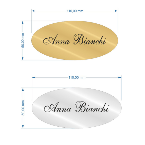 TARGA OVALE PORTANOME PLEXIGLASS CON BIADESIVO mm.110x50 SPECCHIO ARGENTO-ORO