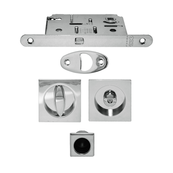 Maniglia Incasso Quadra Porta Scorrevole modello Scivola T d.60x60/48 con Nottolino+Serratura E50 Nichelato | AGB