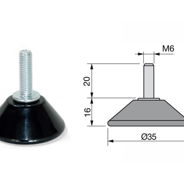 Piedino Regolabile Zincato con Base Circolare Ø35 Plastica Nera 6max20h