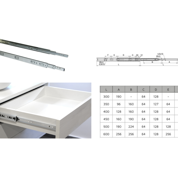 GUIDE CON SFERE PER CASSETTO ESTRAZIONE TOTALE 37x12,7h PORTATA kg.25 ZINCATO VARIE LUNGHEZZE | EMUCA