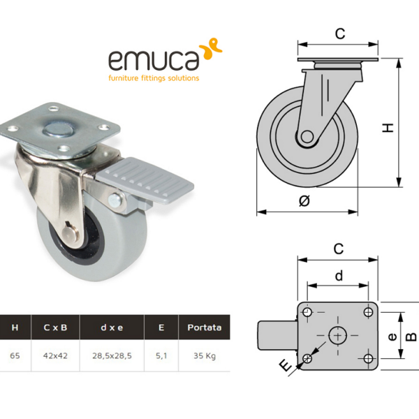 Ruota Plastica Grigia Piastra Girevole 42x42+Freno Portata kg.35 mm.50   Emuca