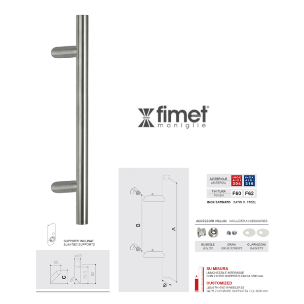 Maniglione Arizona Inclinato d.25 Interasse 600 mm.800x65h AISI304 Inox Satinato | Fimet Maniglie
