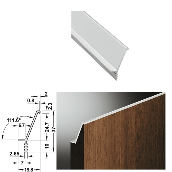 Profilo Maniglia Alluminio per Frontali Senza Maniglia mm.2500h mm.19,8x37 Argento Anodizzato (E6/Ev1)