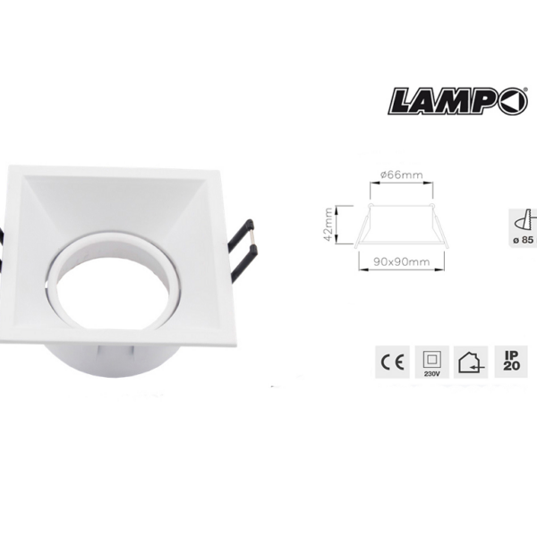 Faretti Incasso Quadro Orientabile Luce Rientrata per Gu10 d.50 Bianco mm.90x90/42x66h | Lampo