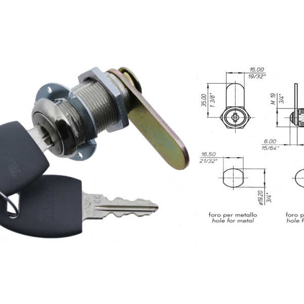SERRATURA A CILINDRO CON LEVA PIANA NICHELATO d.19 VARIE LUNGHEZZE