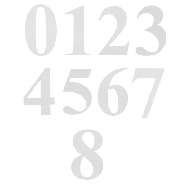 NUMERO CIVICO PLEXIGLASS CON BIADESIVO mm.80 BIANCO LUCIDO n.0-8